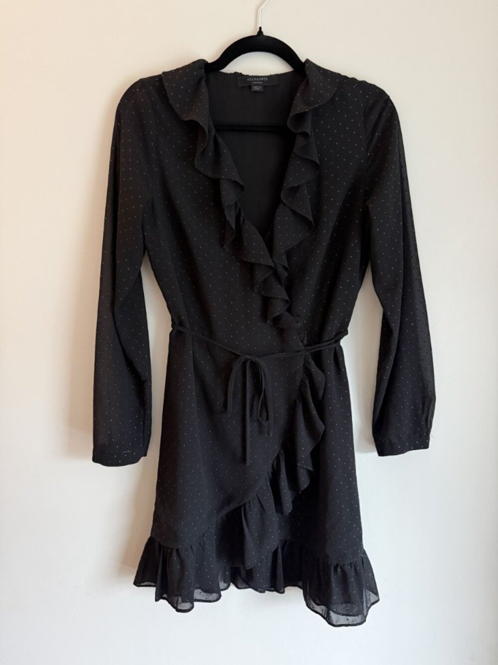 AllSaints Kiyah Shimmer Studded Ruffle Black Mini Wrap Dress Size M [jb] - Picture 5 of 8
